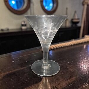 Javit Style Martini Glass, Etched Cocktail Stemware Boat Island Sun Water Design